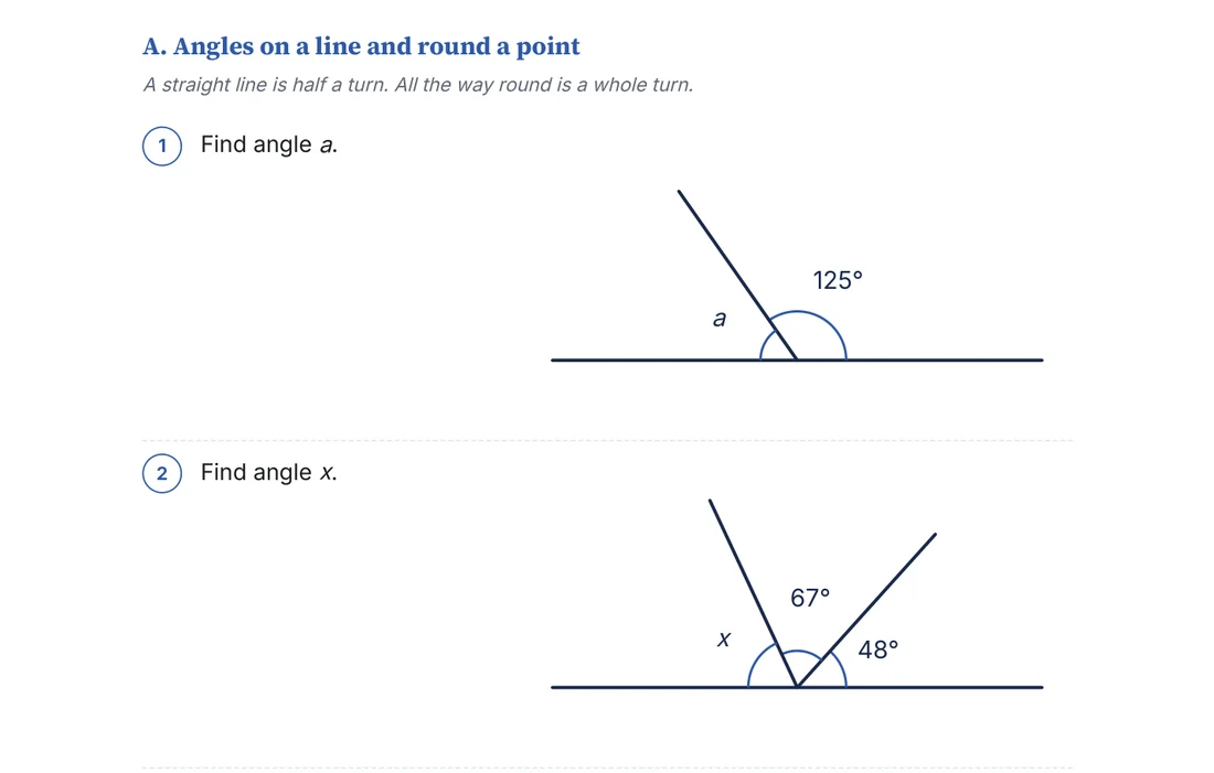 A Year 5 CSSE angles worksheet, worked in red pen